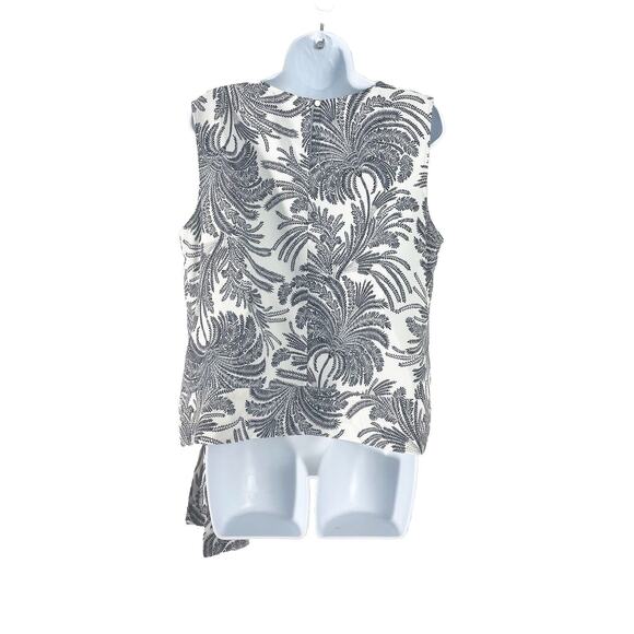 Talbots Sleeveless Blouse Size 14 White Navy Palm Print Side Hip Tie Top - Picture 3 of 7